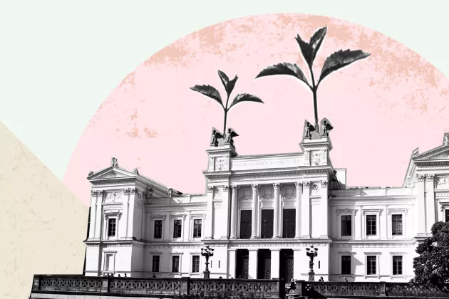 Illustrativ bild med universitetshuset och plantor som gror.