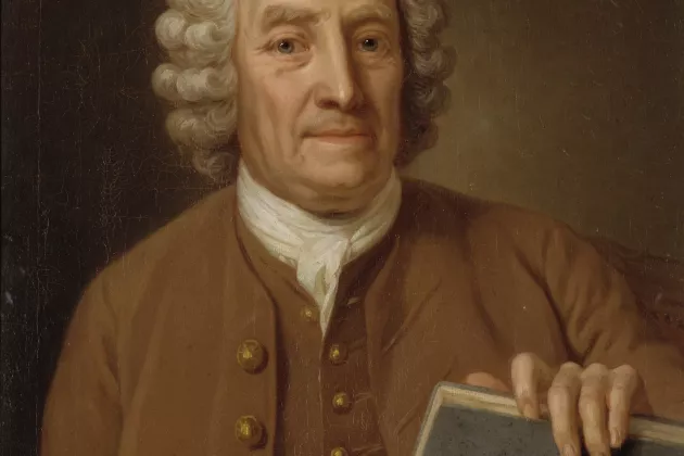 Tavla med porträtt av Emanuel Swedenborg. Foto.