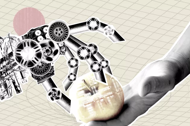Illustration. Robot AI providing  the fruit of knowledge to human agains a bacground og at time space vortex.