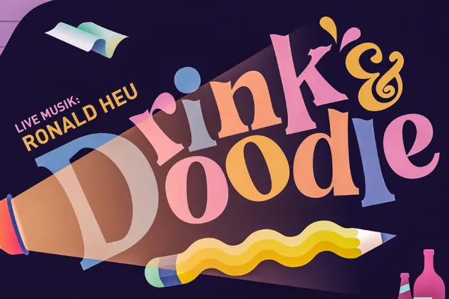 Grafisk form med texten: Drink and Doodle