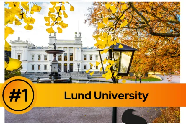 Bild på universitetshuset med en banner som det står no 1 på.