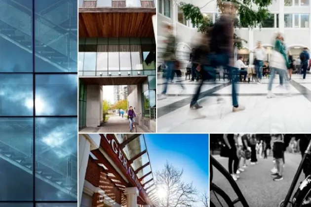 Kollage av olika foton på exteriörer av byggnader.