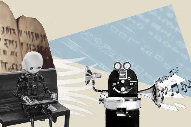 Illustration. Recommendations on stone tablets guide a generative AI user.