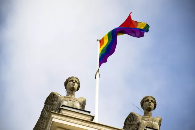 Bild på regnbågsflagga hissad på universitetshuset