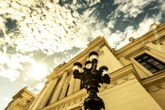 The university building photographed from the ground.