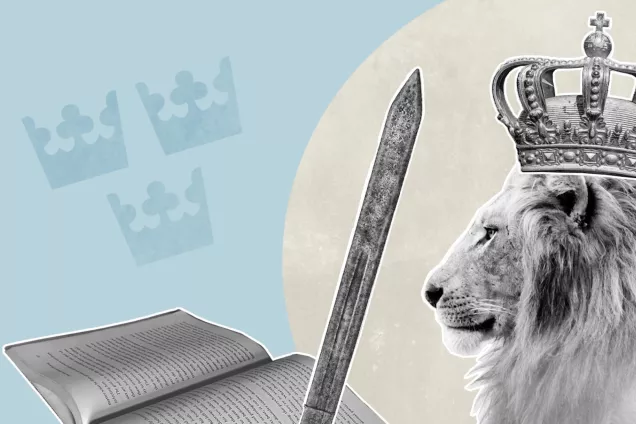 Bok, penna och lejon som bär krona. Illustration.