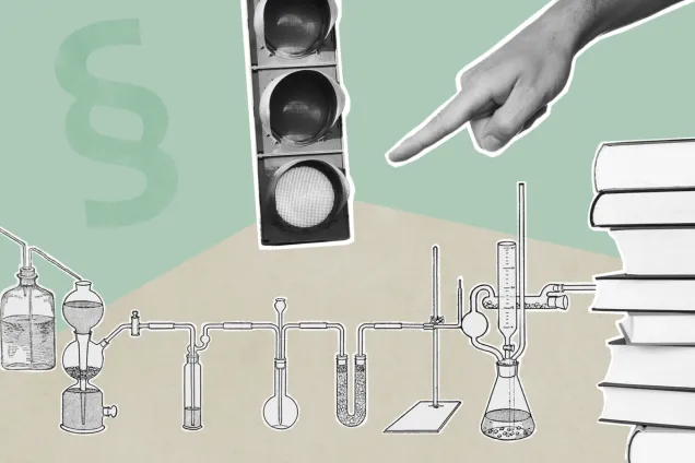 Trafikljus som lyser grönt, laborationskärl och böcker. Illustration.