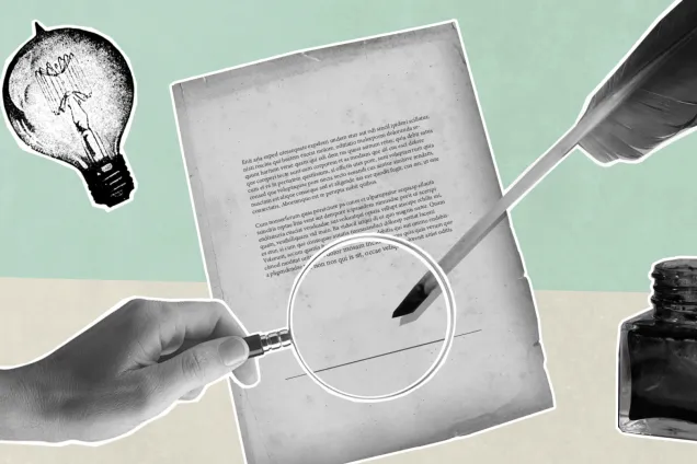 Glödlampa, fjäderpenna som signerar papper. Illustration.