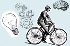 Bild av man på cykel med glödlampa och hjärna
