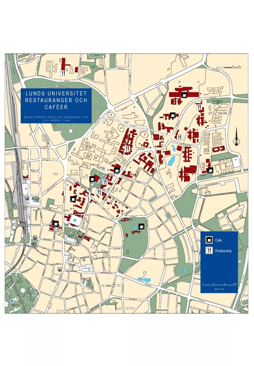 En översiktsbild av lunds campusområde med restauranger och caféer utmärkta