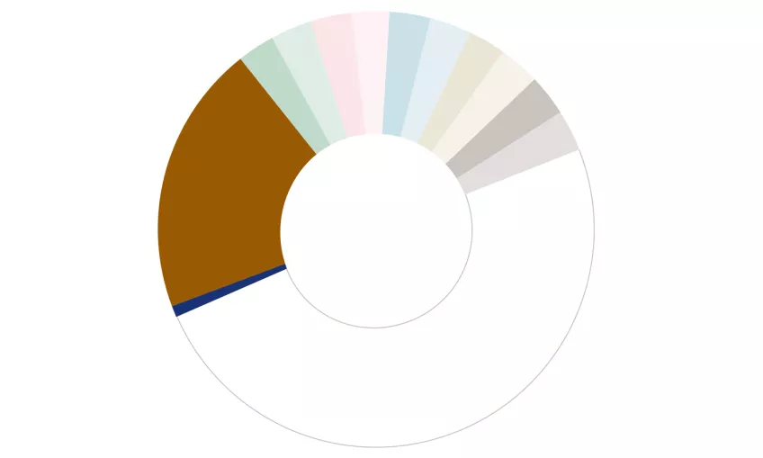 Bild på ett färghjul som visar de korrekta styrkeförhållandet mellan universitetets profilfärger.