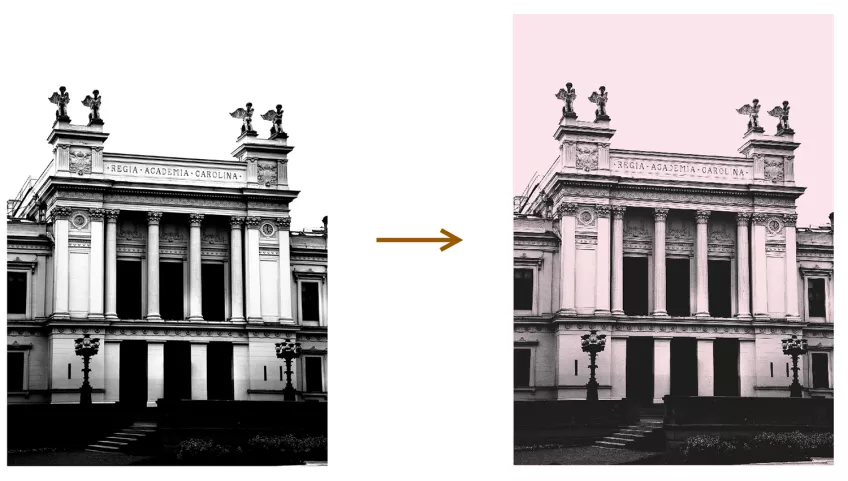 Bild som visar en grafisk byggnadsbild med och utan bakgrundsfärg. 