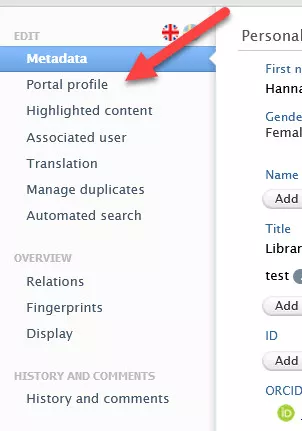 Illustration av var fältet Portal Profile finns i LUCRIS (bild)