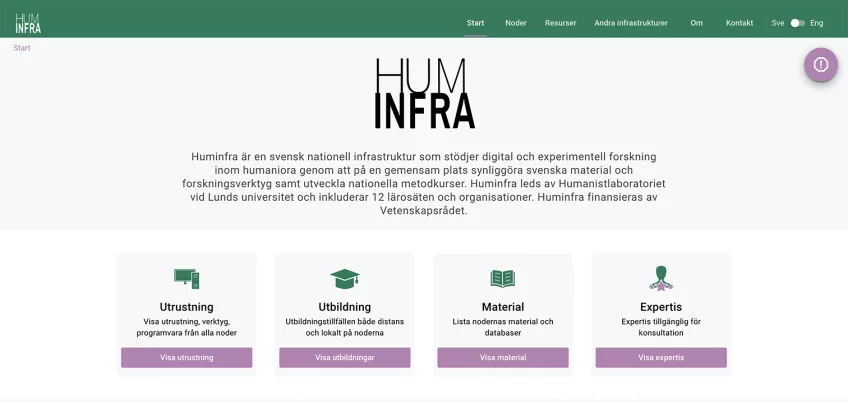 Skärmdump av HumInfras webbsida.