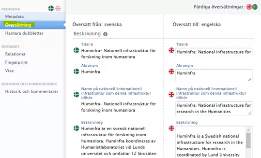 Hur det ser ut i LUCRIS när du klickar på översättning för att fylla i språken på både svenska och engelska (bild)