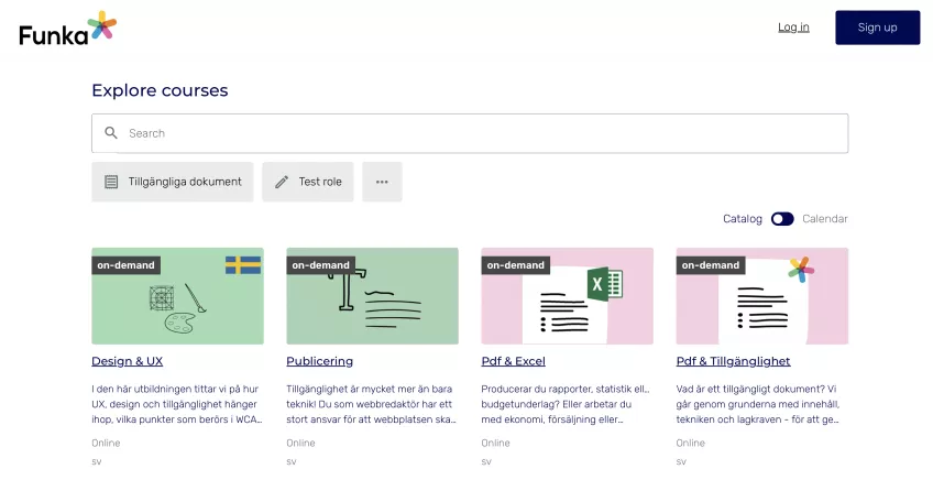 Gränssnitt i webbläsare som visar fyra olika kurser. Skärmavbild.