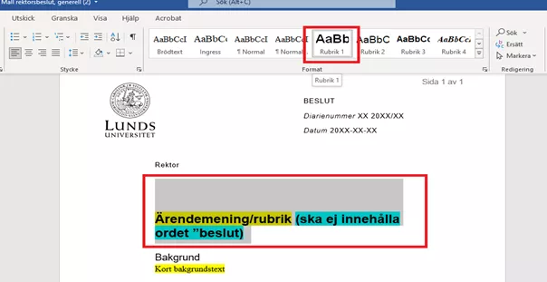 Skärmdump som visar underrubrik i formatmallarna.