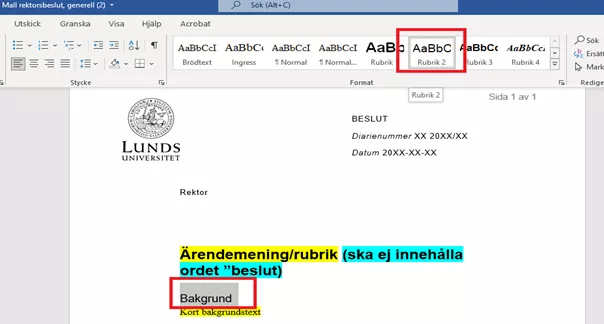 Skärmdump som visar underrubrik i formatmallarna.