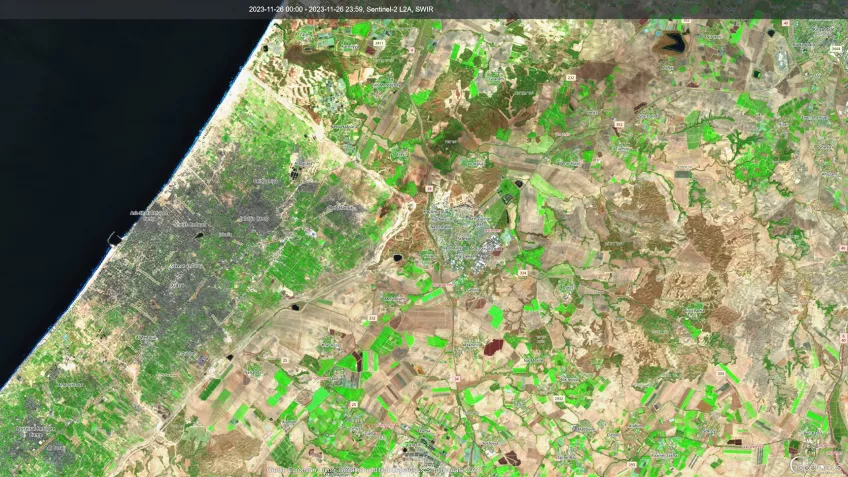 Satellitbild av bombat land. Foto. 