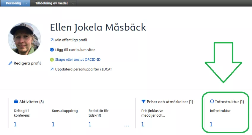 Useendet under fliken Personlig i LUCRIS med redigerbara infrastrukturer utpekade och inringade i grönt.