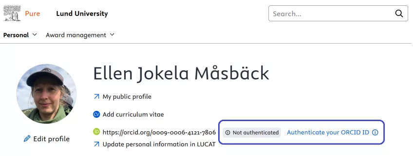 Var du godkänner exporter till ORCID i LUCRIS. Skärmdump.