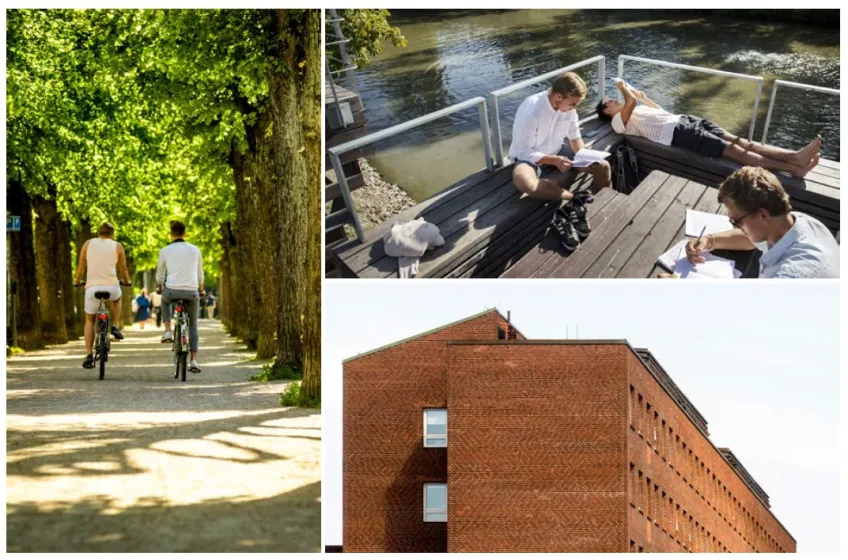 kollage över universitetets utemiljöer.