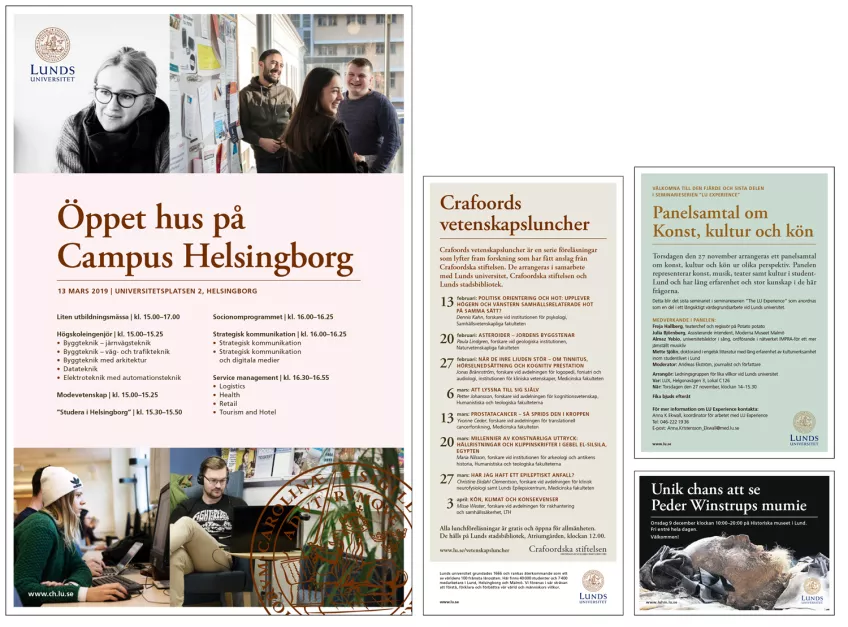 Exempel på annonser i universitetets grafiska profil